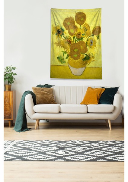 Sarı Van Gogh Sunflower Leke Tutmaz Kadife Kumaş Duvar Örtüsü Duvar Halısı Tapestry