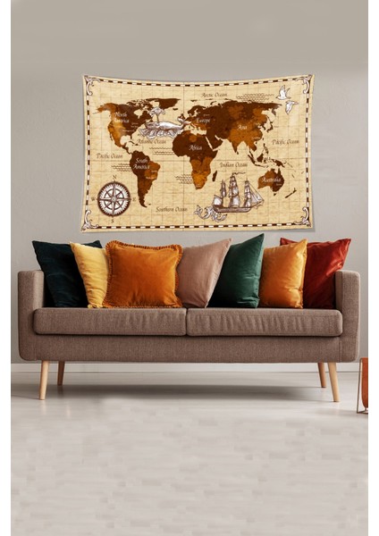 Bej-Kahve Dünya Haritası Desenli Leke Tutmaz Kadife Kumaş Duvar Örtüsü Duvar Halısı Tapestry