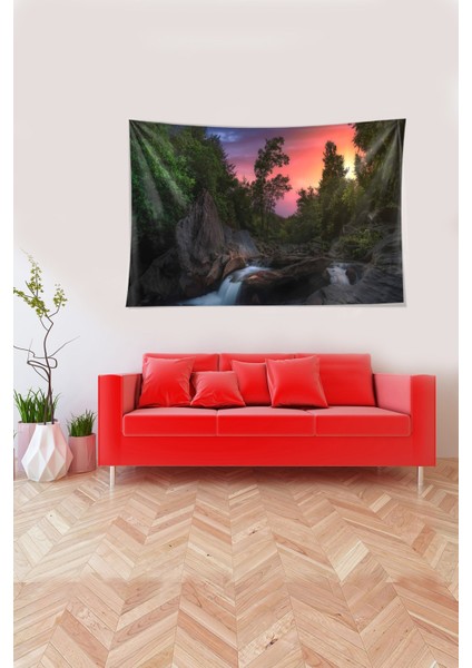 Çok Renkli Doğa Desenli Leke Tutmaz Kadife Kumaş Duvar Örtüsü Duvar Halısı Tapestry