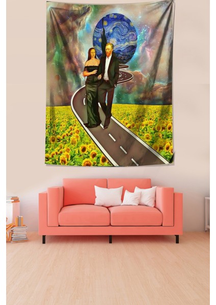 Van Gogh Ve Mona Lisa Ayçiçeği Yıldızlar Leke Tutmaz Kumaş Duvar Örtüsü Duvar Halısı Tapestry