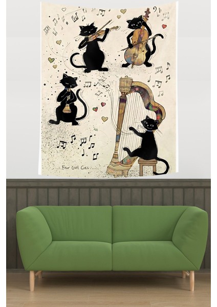 Müzisyen Kediler Notalar Ve Kalpler Leke Tutmaz Kumaş Duvar Örtüsü Duvar Halısı Tapestry