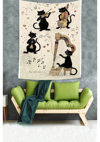 Müzisyen Kediler Notalar Ve Kalpler Leke Tutmaz Kumaş Duvar Örtüsü Duvar Halısı Tapestry