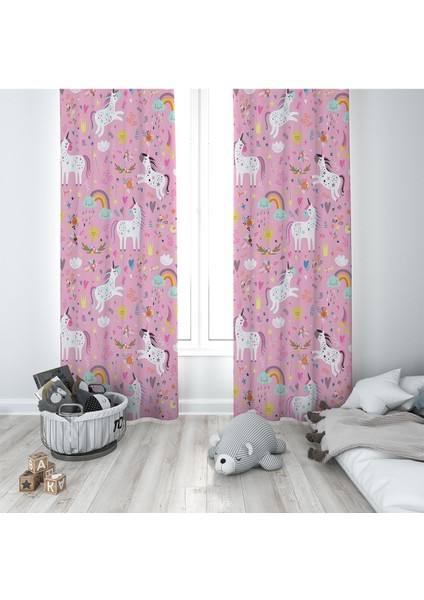 Pembe Unicorn Desenli Dijital Baskı Yıkanabilir Bebek Çocuk Odası Fon Perdesi