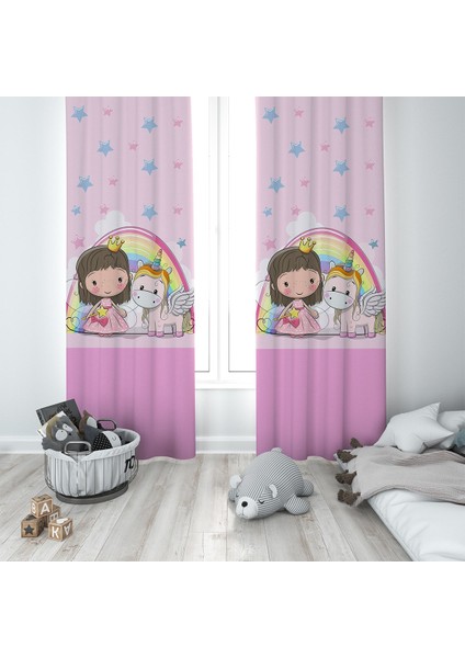 Pembe Prensen Ve Unicorn Desenli Dijital Baskı Yıkanabilir Bebek Çocuk Odası Fon Perdesi