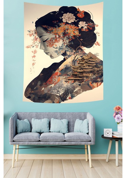Sanatsal Japon Kızı Leke Tutmaz Kumaş Duvar Örtüsü Duvar Halısı Tapestry