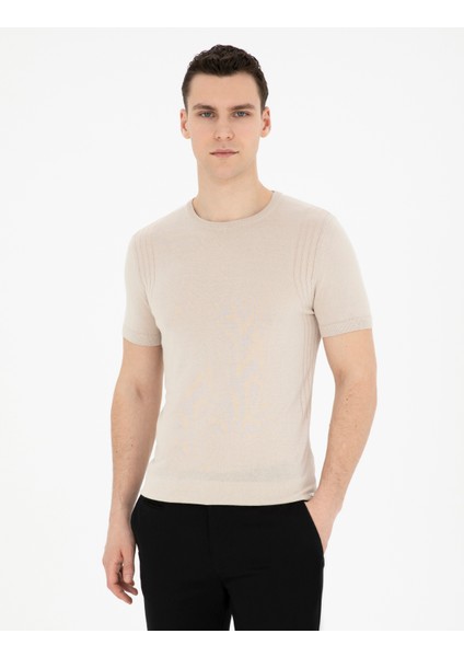 Erkek Bej Slim Fit Bisiklet Yaka Triko Tişört 50288845-VR011