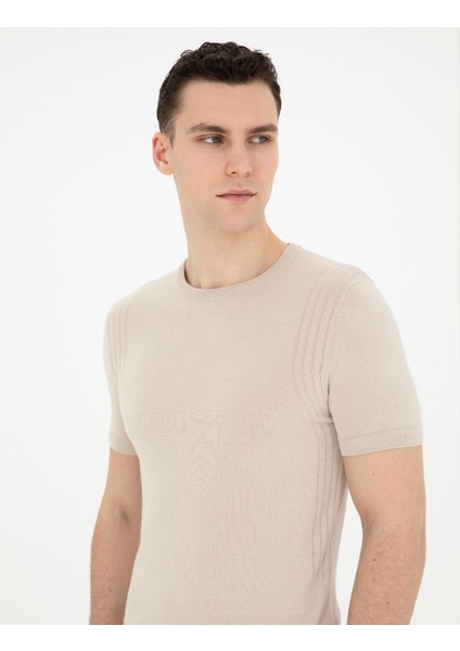 Erkek Bej Slim Fit Bisiklet Yaka Triko Tişört 50288845-VR011 fiyatları