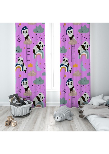 Pembe Panda Desenli Dijital Baskı Yıkanabilir Bebek Çocuk Odası Fon Perdesi