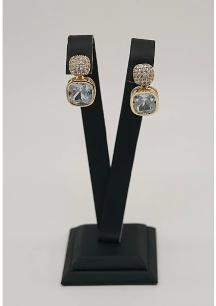 Atagülcollection Zirkon Tek Taş Gold Renk Çelik Küpe