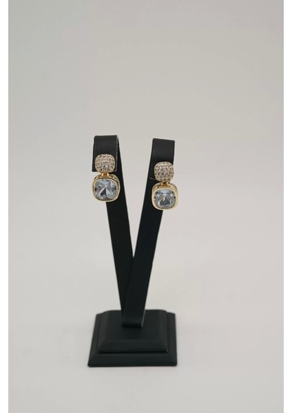 Atagülcollection Zirkon Tek Taş Gold Renk Çelik Küpe