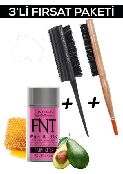 Hair Wax Stick For Kids+Profesyonel Topuz Fırçası 3033 +Topuz Krepe Şiş Tarak 3043 3'lü Set