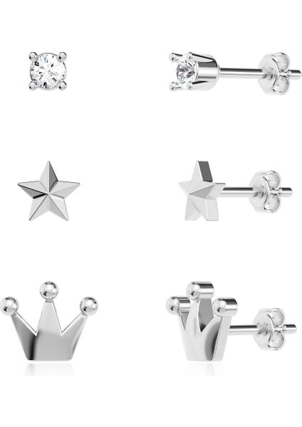 Taç Yıldız Tek Taş Üçlü Kombin Beyaz Gümüş Küpe
