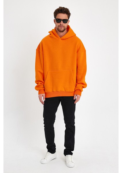 Turuncu Hoodie, Oversize Sweatshirt, Erkek Hoodie, Kanguru Cep Kapüşonlu
