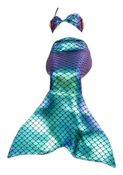 Kız Çocuk Mavi Parlak Deniz Kızı Kostüm Doğum Günü Konseptli Mayo Bikini Little Mermaid