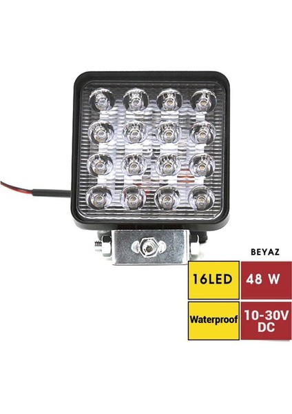 Çalışma Lambası 10V-30V 48W 16 LED Kare 2,2cm (Inc