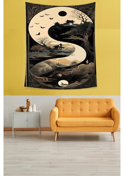 Gökyüzü Kuşlar ve Ağaçlar Leke Tutmaz Kumaş Duvar Örtüsü Duvar Halısı Tapestry