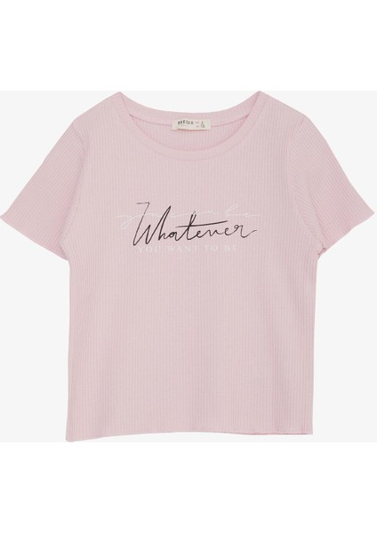 Kız Çocuk Tişört Yazı Baskılı Fitilli 8-14 Yaş, Pembe