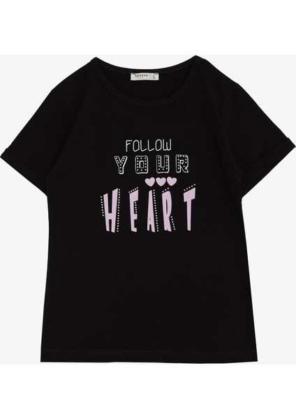 Kız Çocuk Tişört Taşlı Yazı & Kalp Baskılı 8-14 Yaş, Siyah