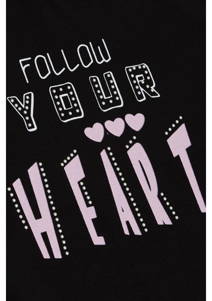 Kız Çocuk Tişört Taşlı Yazı & Kalp Baskılı 8-14 Yaş, Siyah fırsatları