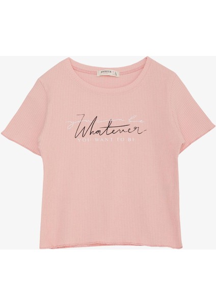 Kız Çocuk Tişört Yazı Baskılı Fitilli 8-14 Yaş, Somon