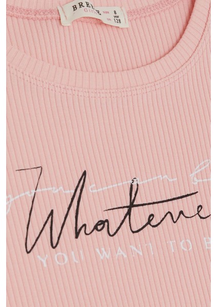 Kız Çocuk Tişört Yazı Baskılı Fitilli 8-14 Yaş, Somon modelleri