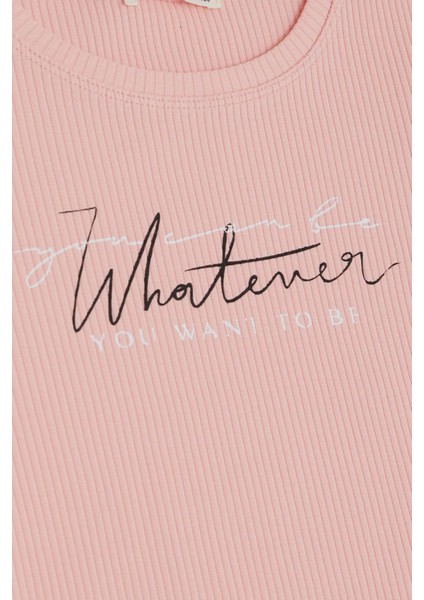 Kız Çocuk Tişört Yazı Baskılı Fitilli 8-14 Yaş, Somon fırsatları