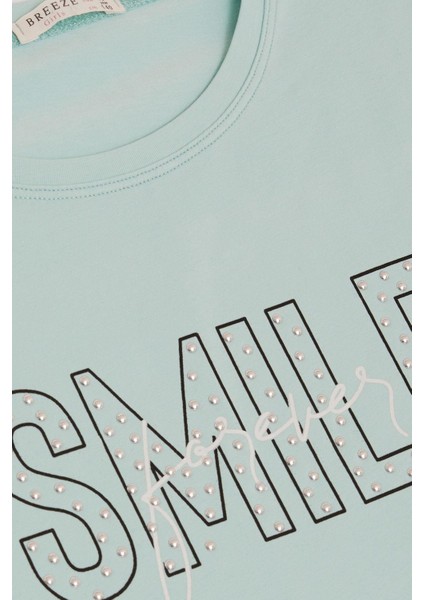Kız Çocuk Tişört Smile Yazı Baskılı Taşlı 9-16 Yaş, Su Yeşili modelleri