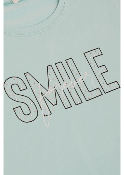 Kız Çocuk Tişört Smile Yazı Baskılı Taşlı 9-16 Yaş, Su Yeşili fırsatları
