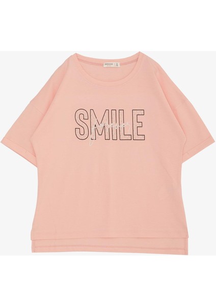 Kız Çocuk Tişört Smile Yazı Baskılı Taşlı 9-16 Yaş, Somon fırsatları