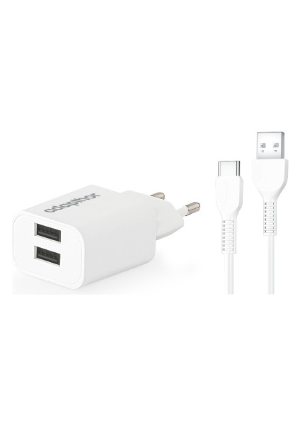 10W 5V 2.1A Çift USB + USB To Type C 2.4A Kablolu Set Beyaz