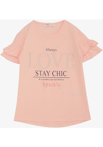 Kız Çocuk Tişört Sevgi Temalı Simli Yazı Baskılı 6-12 Yaş, Somon