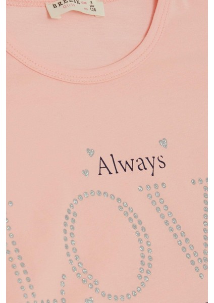 Kız Çocuk Tişört Sevgi Temalı Simli Yazı Baskılı 6-12 Yaş, Somon modelleri