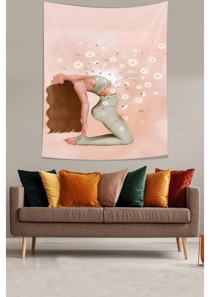 Meditasyon Yapan Kız ve Çiçekler Bohem Desen Leke Tutmaz Kumaş Duvar Örtüsü Duvar Halısı Tapestry