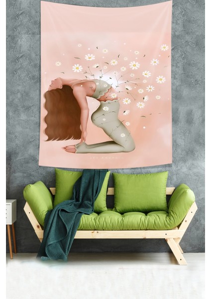 Meditasyon Yapan Kız ve Çiçekler Bohem Desen Leke Tutmaz Kumaş Duvar Örtüsü Duvar Halısı Tapestry fiyatları