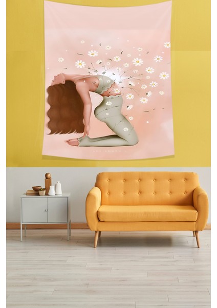 Meditasyon Yapan Kız ve Çiçekler Bohem Desen Leke Tutmaz Kumaş Duvar Örtüsü Duvar Halısı Tapestry modelleri
