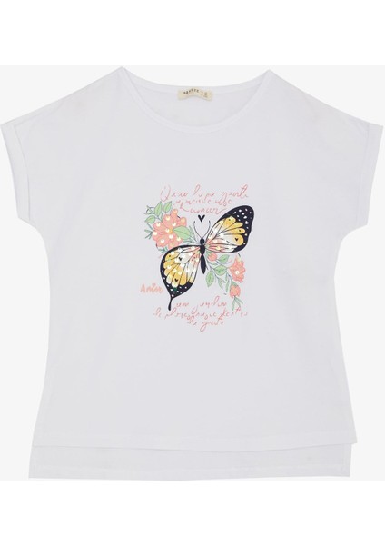 Kız Çocuk Tişört Kelebek Baskılı 10-16 Yaş, Beyaz