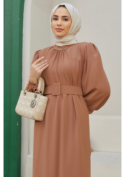 Etek Ucu Pileli Elbise - Camel