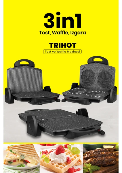 IN-7464S Trihot 3in1 Granit Çıkarılabilir Waffle Izgara Tost Makinesi