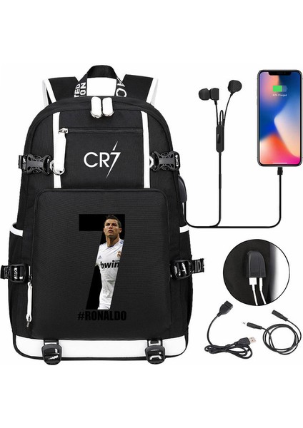 Resim Renkli Futbol Cr7 USB Şarj Sırt Çantası Ronaldo Okul Çantası Gençler Öğrenciler Için Seyahat Dizüstü Laptop Çantaları (Yurt Dışından)