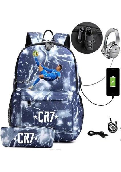 Resim Renk 17 Inç Cr7 Sırt Çantası Anti Hırsızlık USB Şarj Sırt Çantası Su Geçirmez Kadın Erkek Okul Çantası Genç Kız Erkek Seyahat Çantaları (Yurt Dışından)