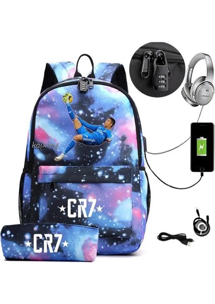 Resim Renk 17 Inç Cr7 Sırt Çantası Anti Hırsızlık USB Şarj Sırt Çantası Su Geçirmez Kadın Erkek Okul Çantası Genç Kız Erkek Seyahat Çantaları (Yurt Dışından) fiyatları