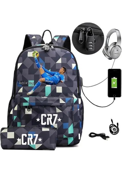 Resim Renk 17 Inç Cr7 Sırt Çantası Anti Hırsızlık USB Şarj Sırt Çantası Su Geçirmez Kadın Erkek Okul Çantası Genç Kız Erkek Seyahat Çantaları (Yurt Dışından)