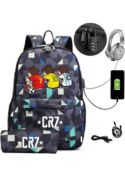 Resim Renk 17 Inç Cr7 Sırt Çantası Anti Hırsızlık USB Şarj Sırt Çantası Su Geçirmez Kadın Erkek Okul Çantası Genç Kız Erkek Seyahat Çantaları (Yurt Dışından) modelleri