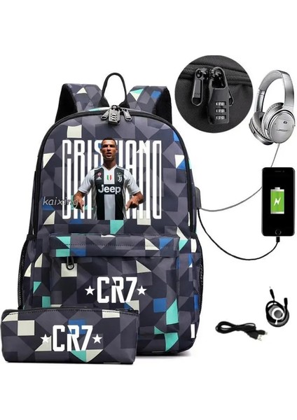 Resim Renk 17 Inç Cr7 Sırt Çantası Anti Hırsızlık USB Şarj Sırt Çantası Su Geçirmez Kadın Erkek Okul Çantası Genç Kız Erkek Seyahat Çantaları (Yurt Dışından) fırsatları