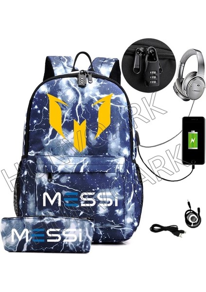 Lavanta 2 Adet Messi Sırt Çantası USB Şarj An-Ti Kilit Kapasiteli Dizüstü Okul Çantaları Kadın Erkek Seyahat Rahat Basit Hafif Mochilas (Yurt Dışından)