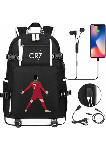 Resim Renkli Futbol Cr7 USB Şarj Sırt Çantası Ronaldo Okul Çantası Gençler Öğrenciler Için Seyahat Dizüstü Laptop Çantaları (Yurt Dışından) modelleri