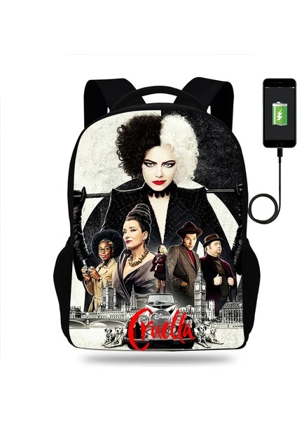 008 Moda Disney Cruella De Vil Sırt Çantası Erkek Kız Okul Çantası Genç USB Şarj Günlük Seyahat Sırt Çantası Öğrenci Schoolbag Mochila (Yurt Dışından)