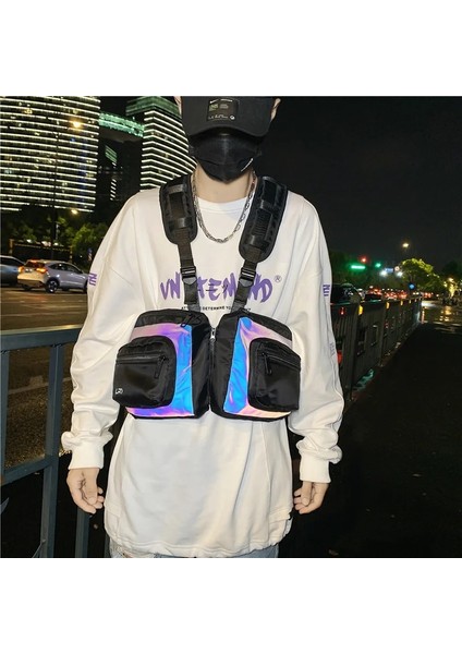 Beyaz Güvenlik Yansıtıcı Tasarım Unisex Göğüs Çantası Hip-Hop Sokak Şıklığı Taktik Yelek Sırt Çantası Çok Cep Seyahat Su Geçirmez Göğüs Rig Çantası (Yurt Dışından)