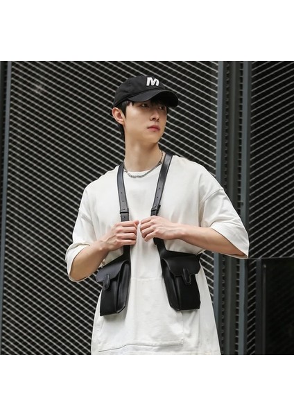 Siyah 2023 Taktik Techwear Pu Deri Yelek Çanta Sırt Çantası Erkek Kadın Hip Hop Punk Rahat Omuz Çantası Göğüs Paketi (Yurt Dışından) indirimleri