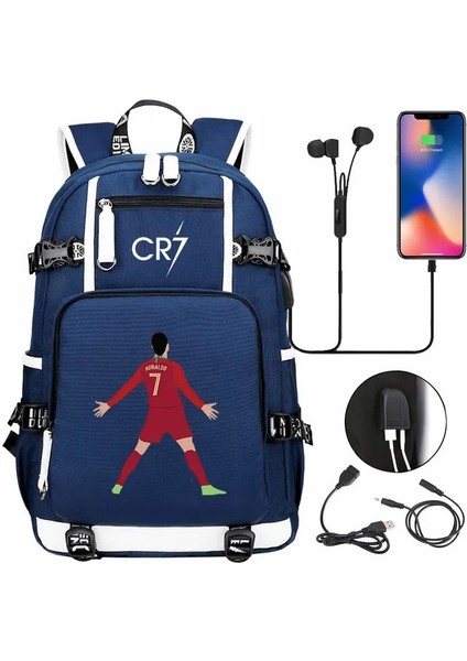 Resim Renkli Futbol Cr7 USB Şarj Sırt Çantası Ronaldo Okul Çantası Gençler Öğrenciler Için Seyahat Dizüstü Laptop Çantaları (Yurt Dışından)